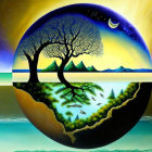 Surreal circular landscape with lake, trees, mountains, starry sky, and crescent moon