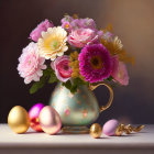 Pink Flowers Bouquet and Easter Eggs on Dark Background