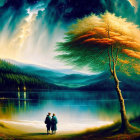 Couple admires distant castle in serene lake landscape