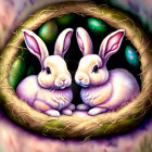 Illustrated bunnies in nest with colorful eggs on dreamy background