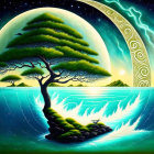 Surreal artwork of lone tree on island with giant moon, wavy sea, stars, and