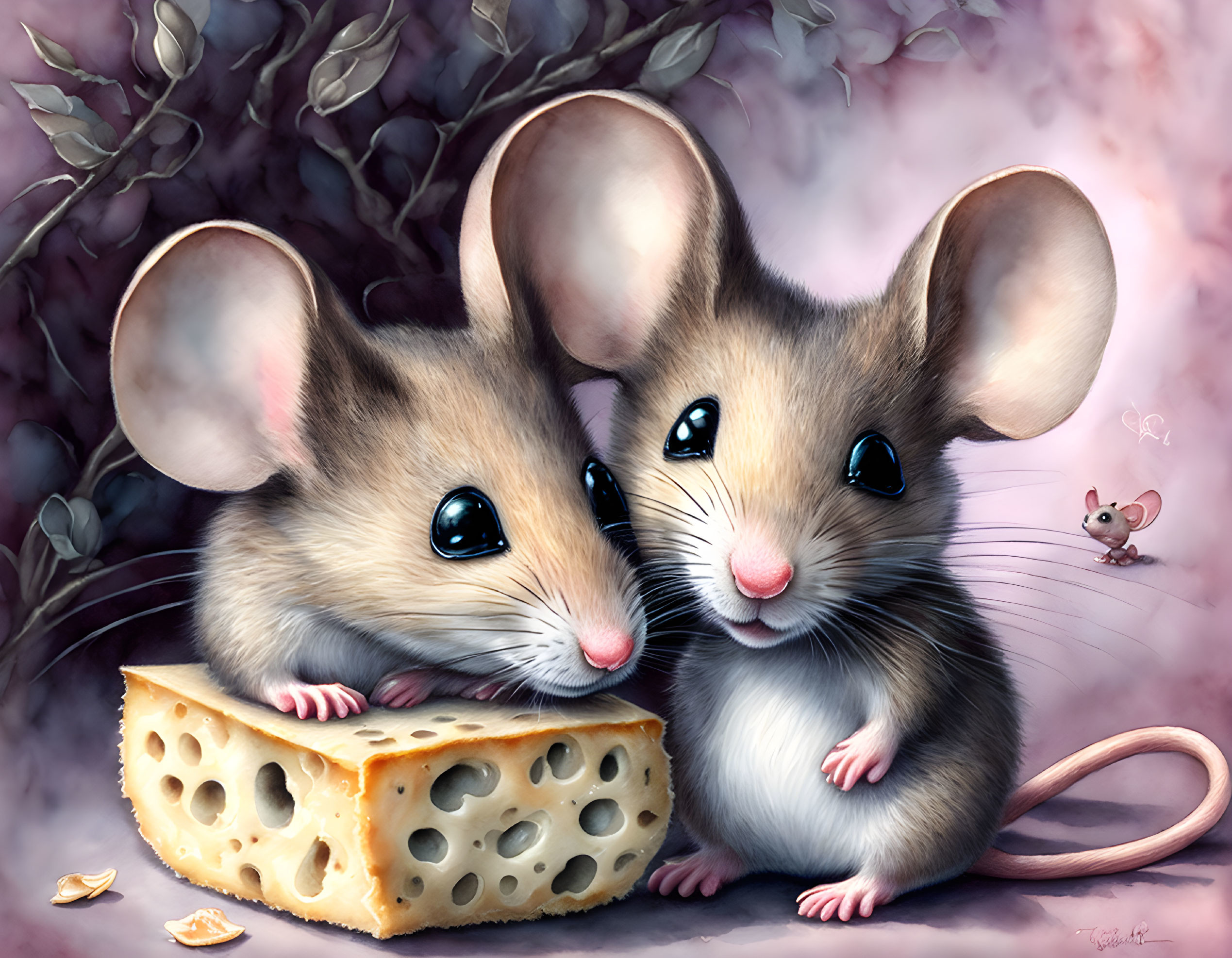 Adorable cartoon mice sharing cheese in purple foliage