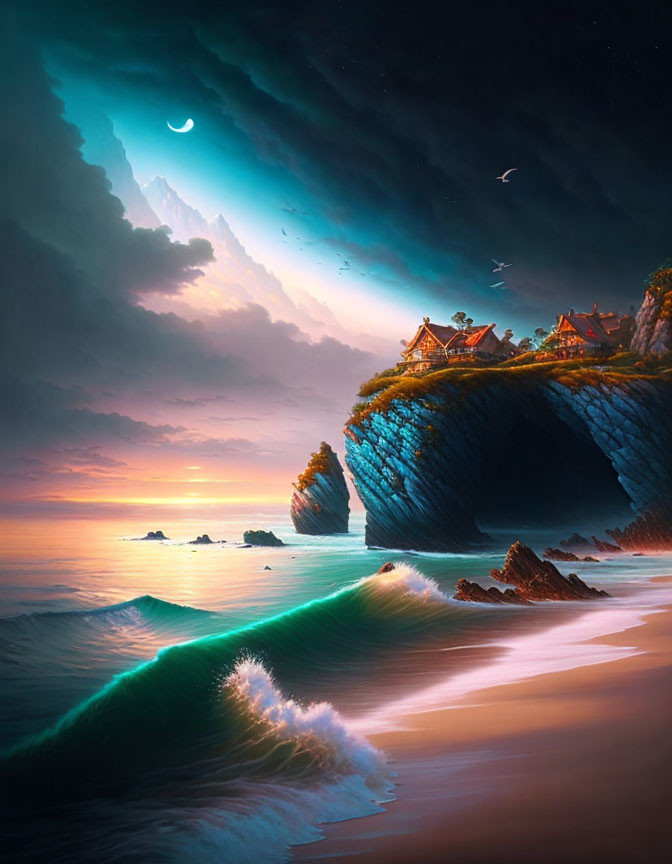 Twilight seascape with glowing wave, crescent moon, birds, and rocky village.