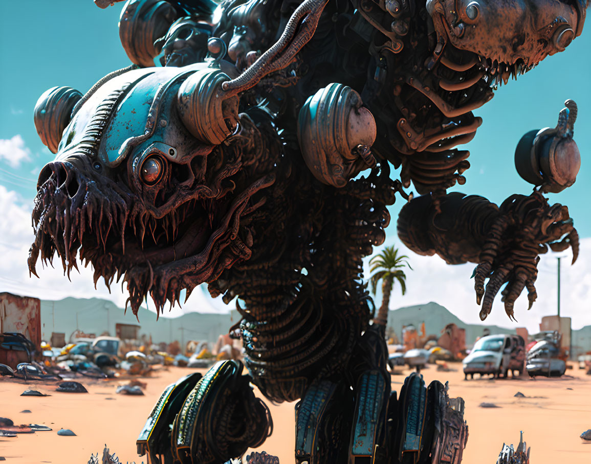 Monstrous mechanical creature with sharp teeth in scrapyard under clear blue sky