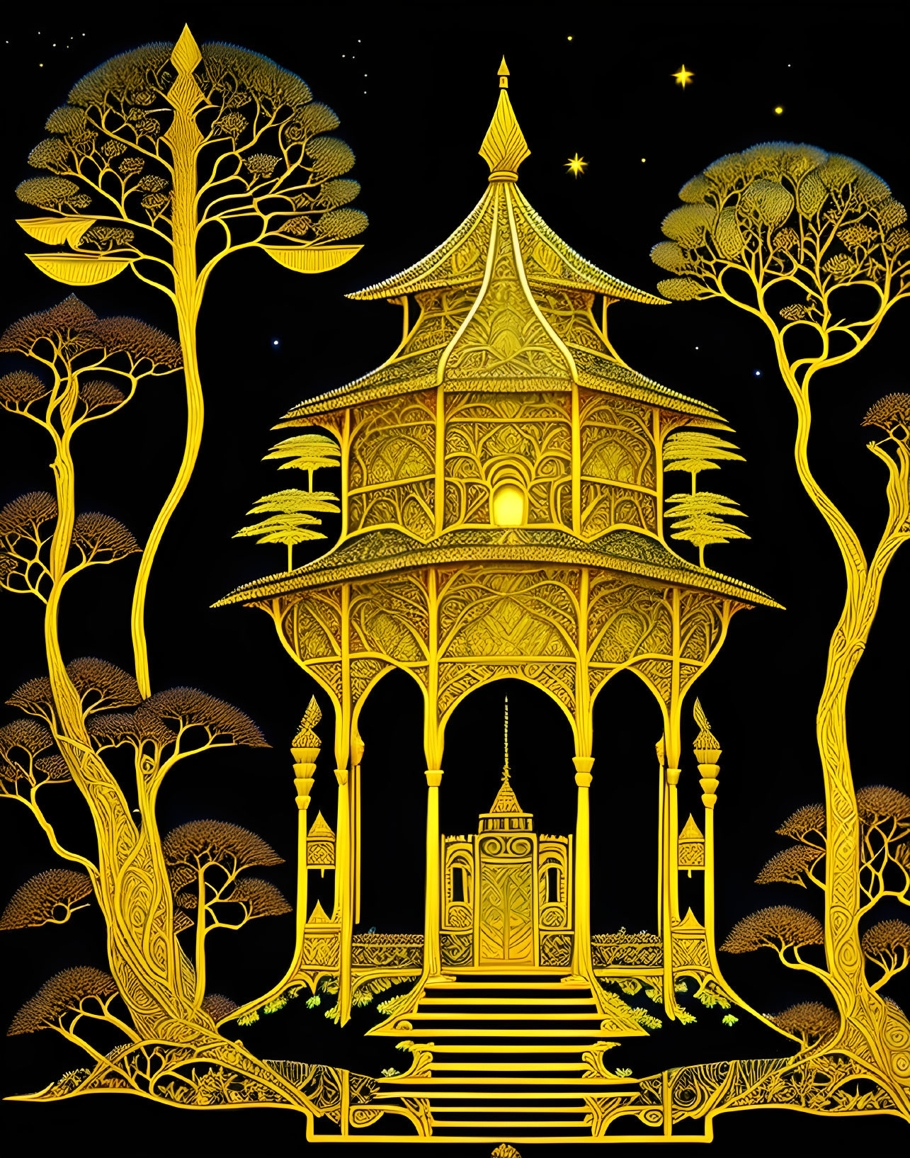 Golden Pavilion with Intricate Designs and Stylized Trees Under Starry Sky