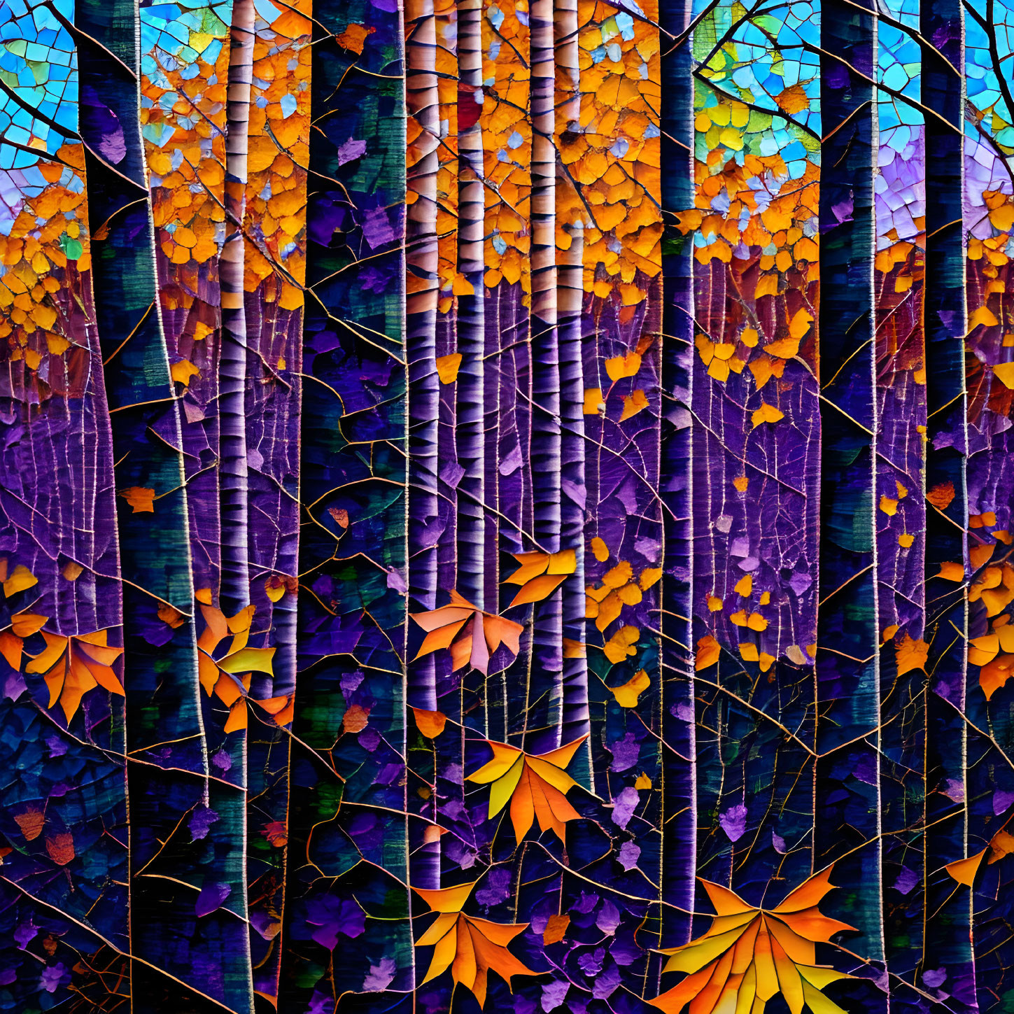 Colorful mosaic of orange and yellow leaves on purple and blue background