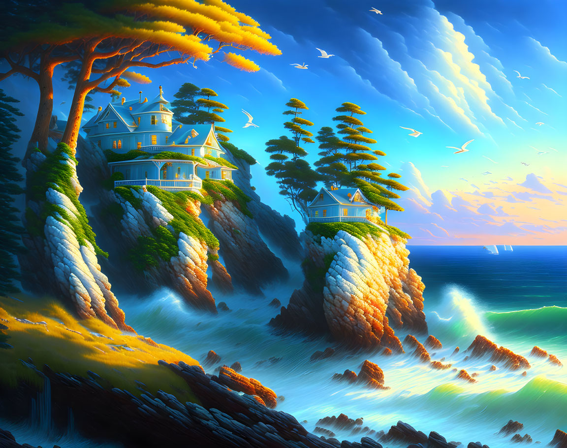 Scenic coastal landscape with grand cliff-top house, lush trees, seagulls, blue skies,