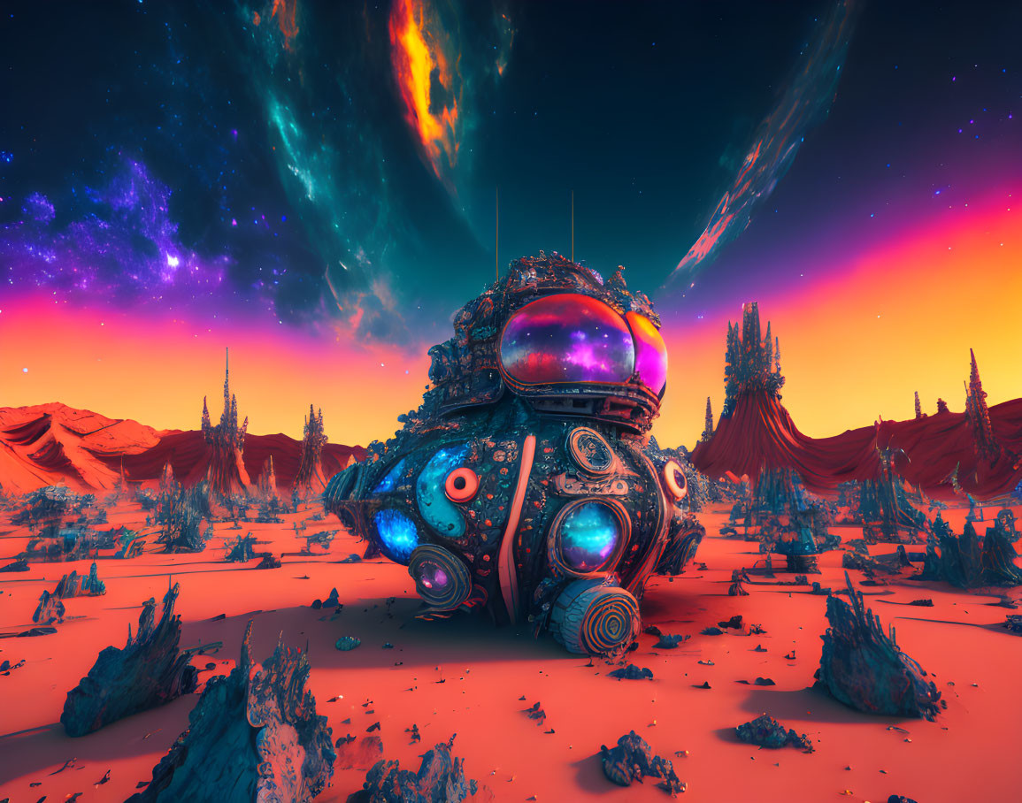 Colorful alien landscape with spherical structure in desert terrain under celestial sky.