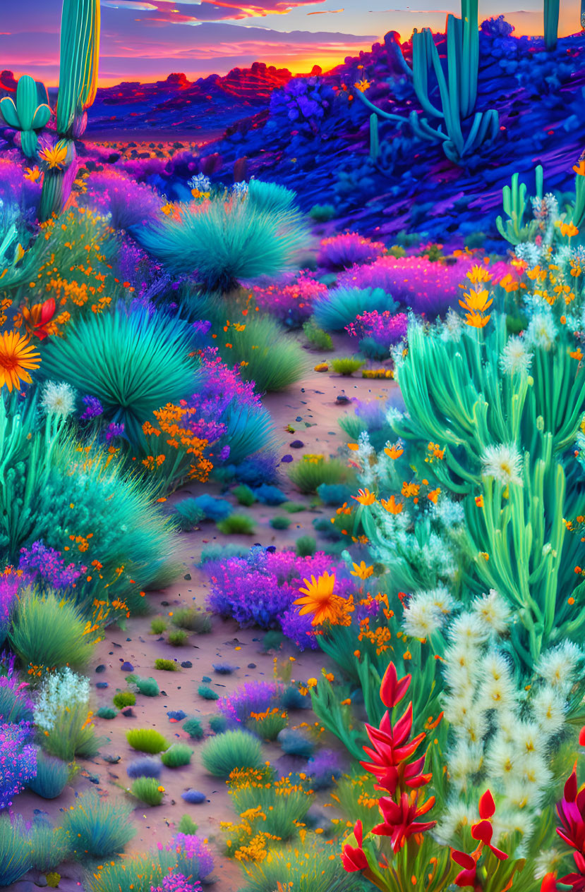 Colorful Desert Sunset with Blooming Cacti and Wildflowers