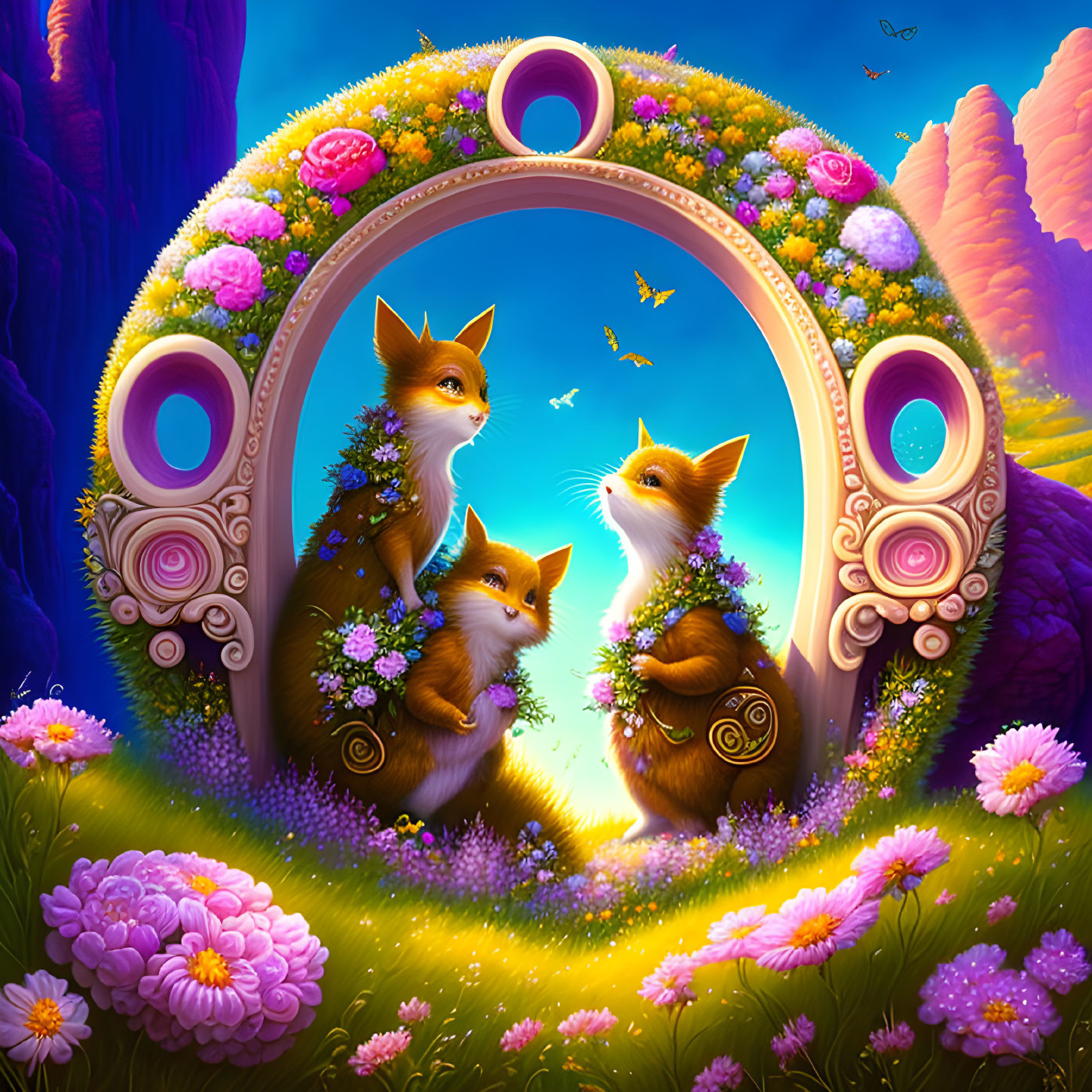 Foxes and floral mirror in vibrant forest with glowing butterflies.