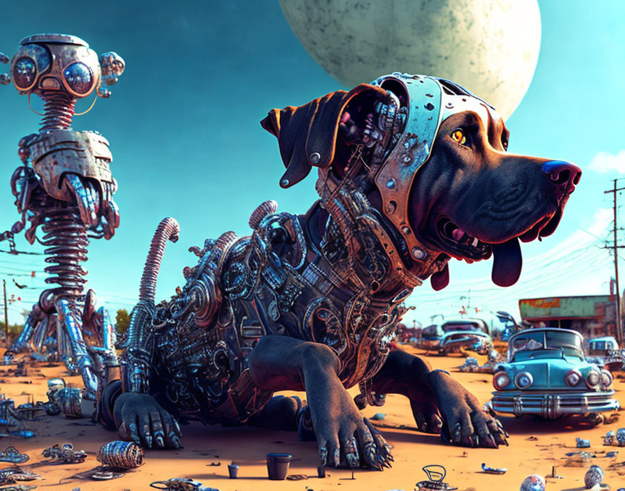 Futuristic robotic dog and quirky robot on desert road with vintage cars