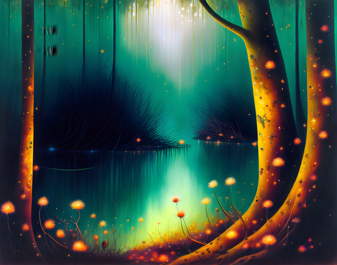 Enchanting forest with glowing lake and vibrant flora