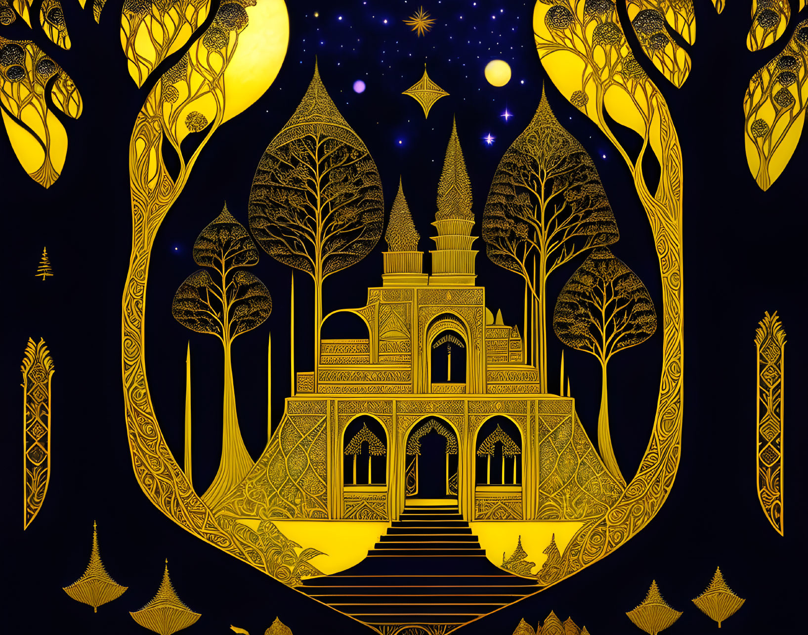 Detailed gold and black fantasy palace illustration with celestial elements