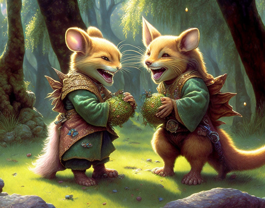 Anthropomorphic mice in medieval attire in sunny forest