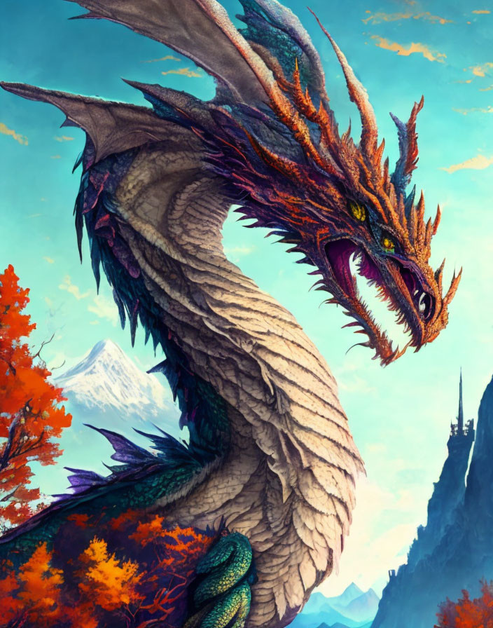 Vibrant orange and blue dragon in autumn forest with mountains.