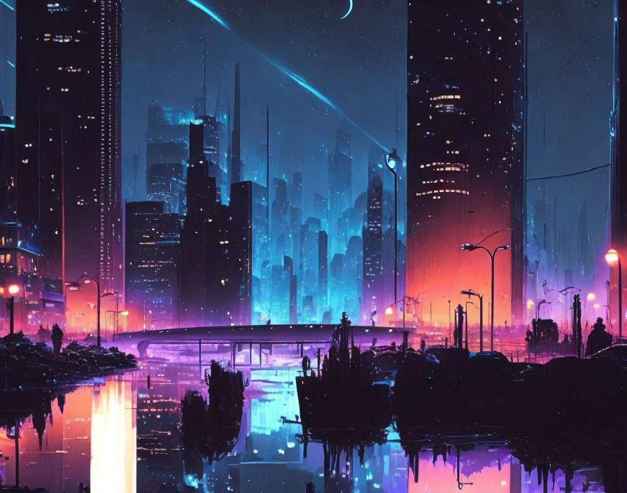 Futuristic cityscape at night with neon lights, skyscrapers, bridge, and starry