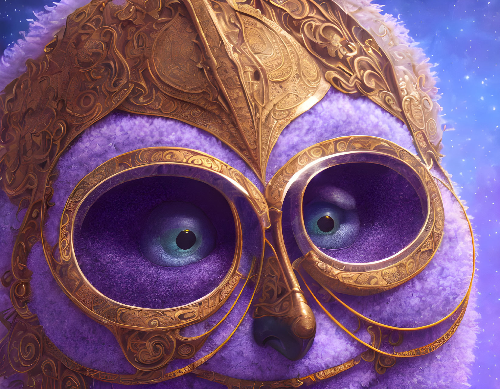 Fantastical creature with purple fur and golden mask, featuring expressive violet eyes