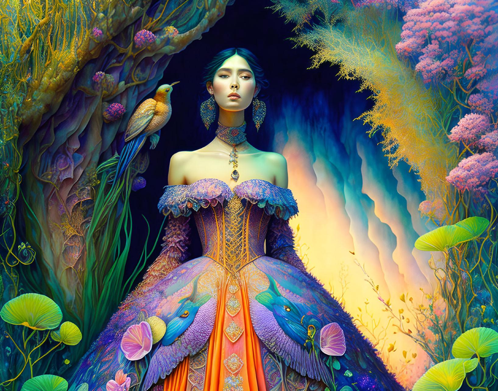 Woman in ornate dress with bird in vibrant, fantastical forest