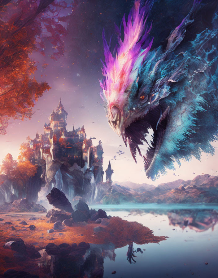 Majestic dragon with vibrant plumage near reflective lake and mystical castle in dreamlike sunset landscape