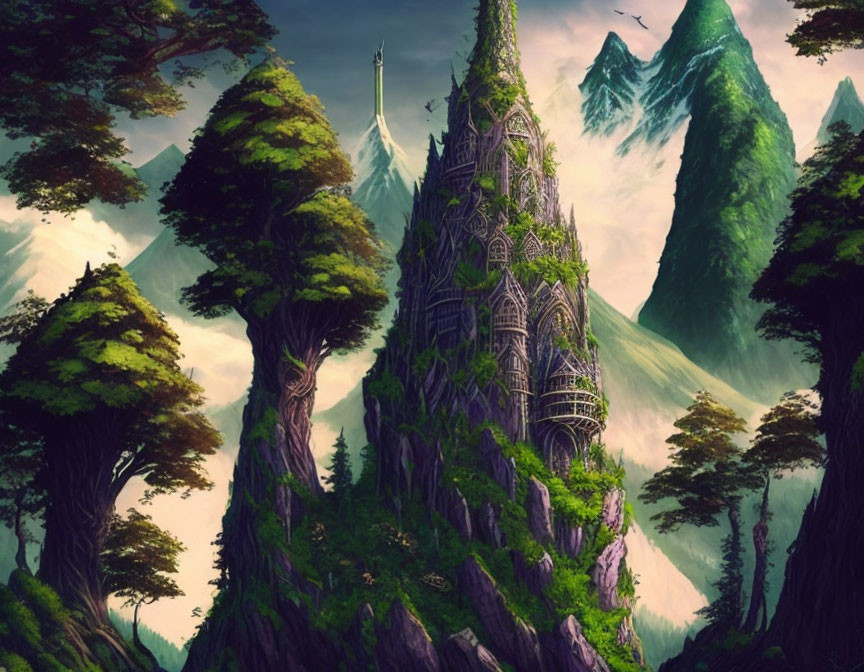 Elaborate tower in fantasy landscape with towering trees and mountains