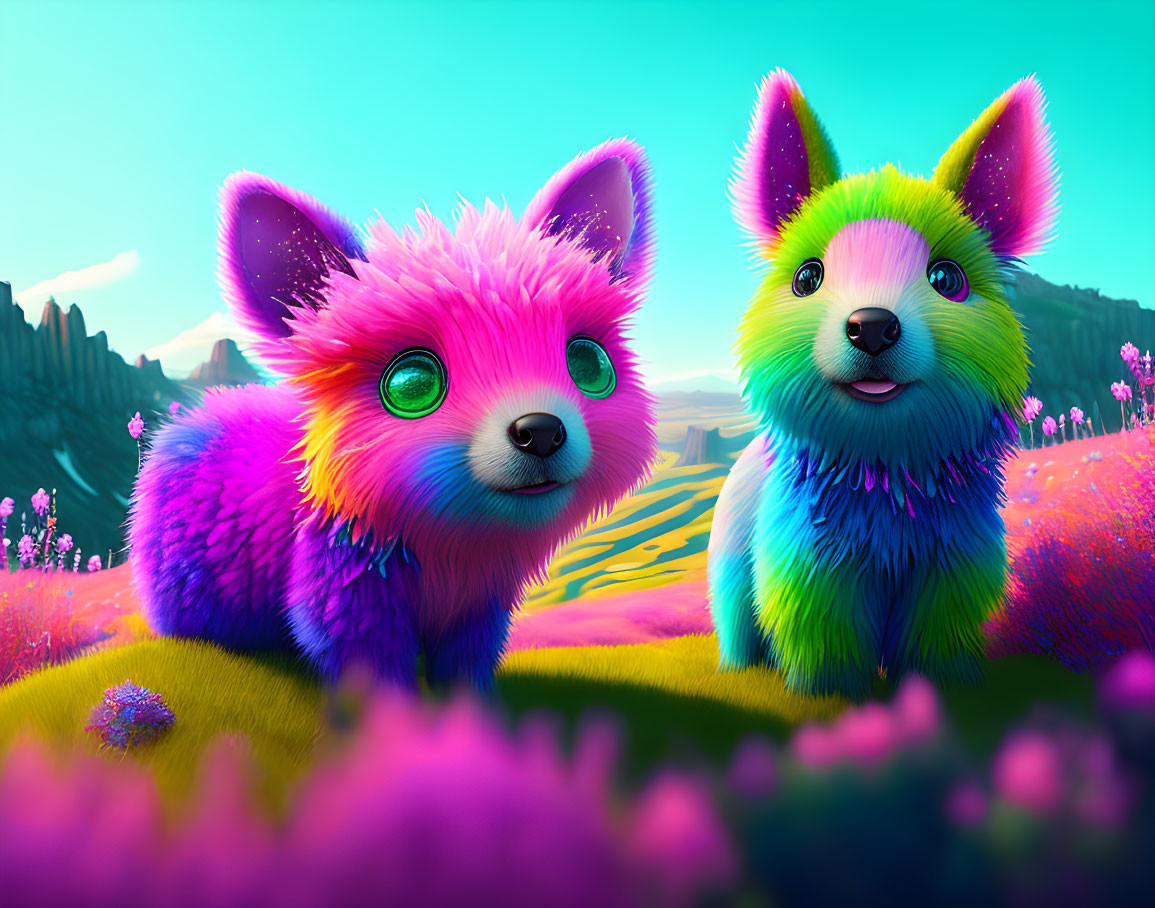 Vibrant neon fur creatures in whimsical landscape