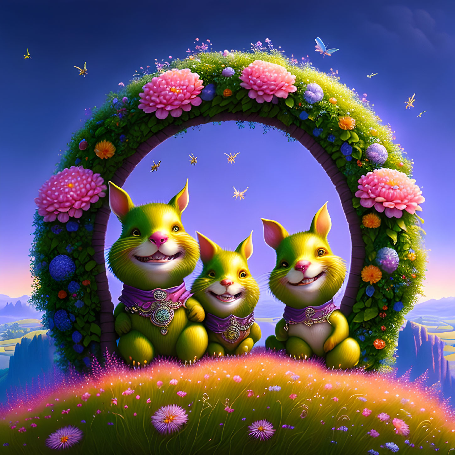 Colorful cartoon rabbits in floral arch with mountains and twilight sky