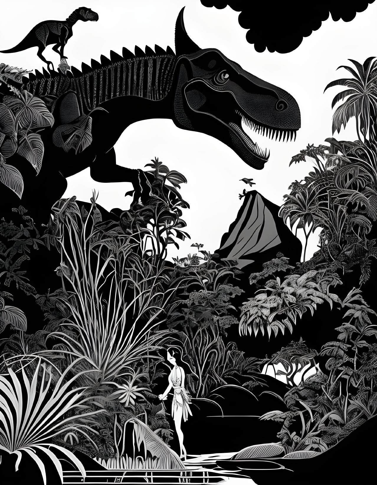 Monochrome dinosaur illustration with lush vegetation and human figure.