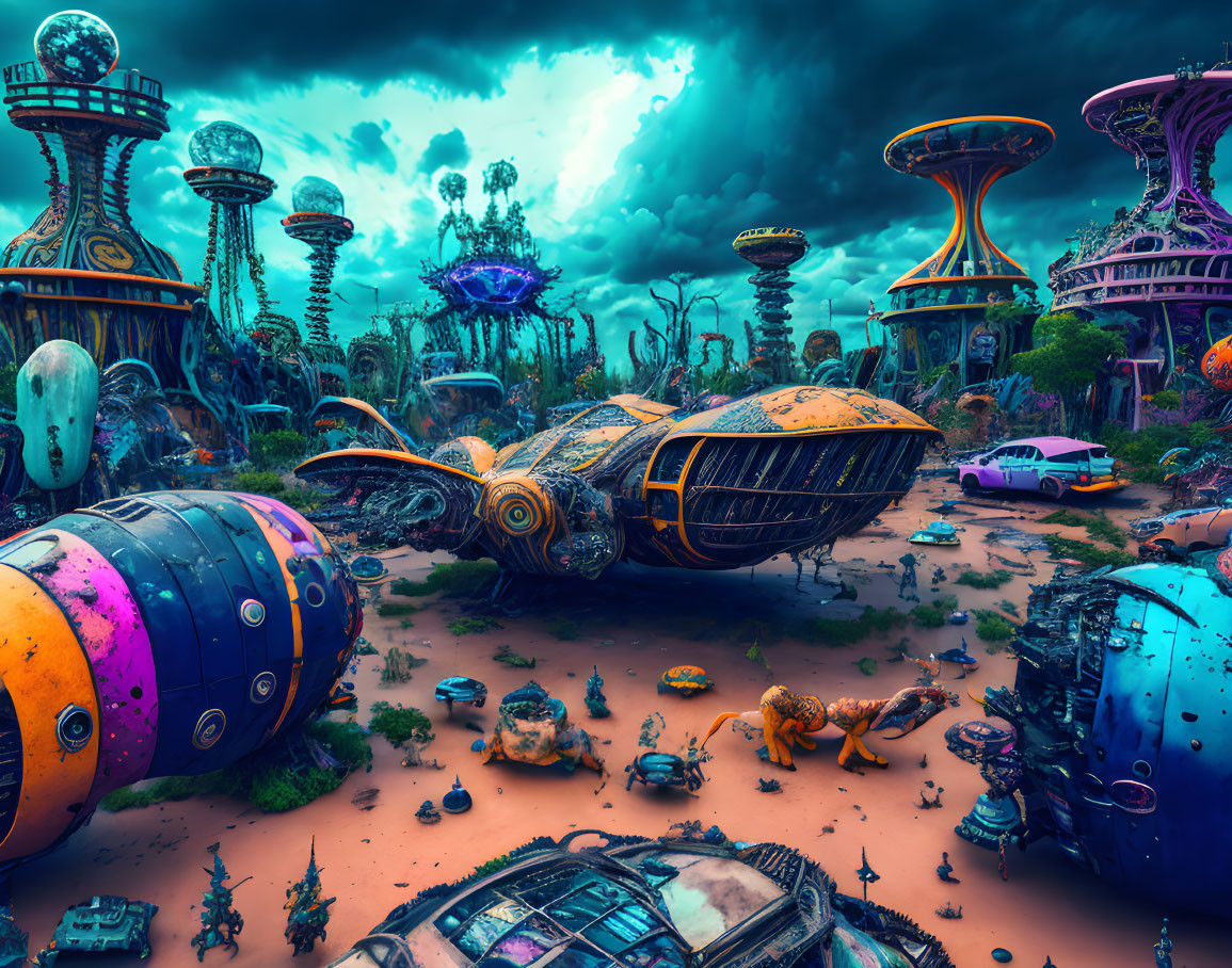 Futuristic abandoned vehicles and structures in vibrant sci-fi landscape