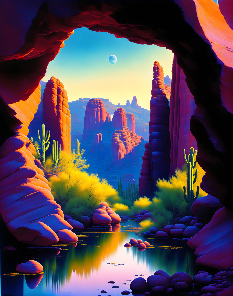 Desert cave arch scene with red rocks, cacti, river, and moon