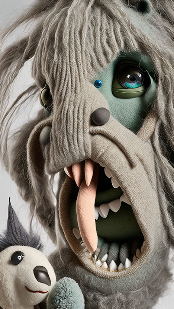 Green-skinned puppet creature with blue eyes and shaggy mane, sticking out tongue, beside smaller