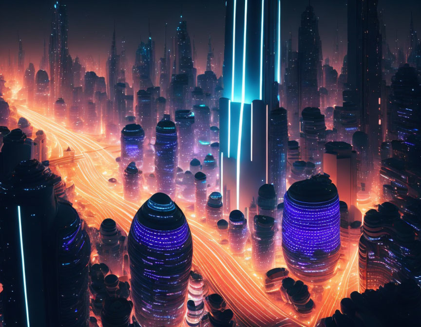 Nighttime futuristic cityscape with neon-lit skyscrapers and bustling traffic.