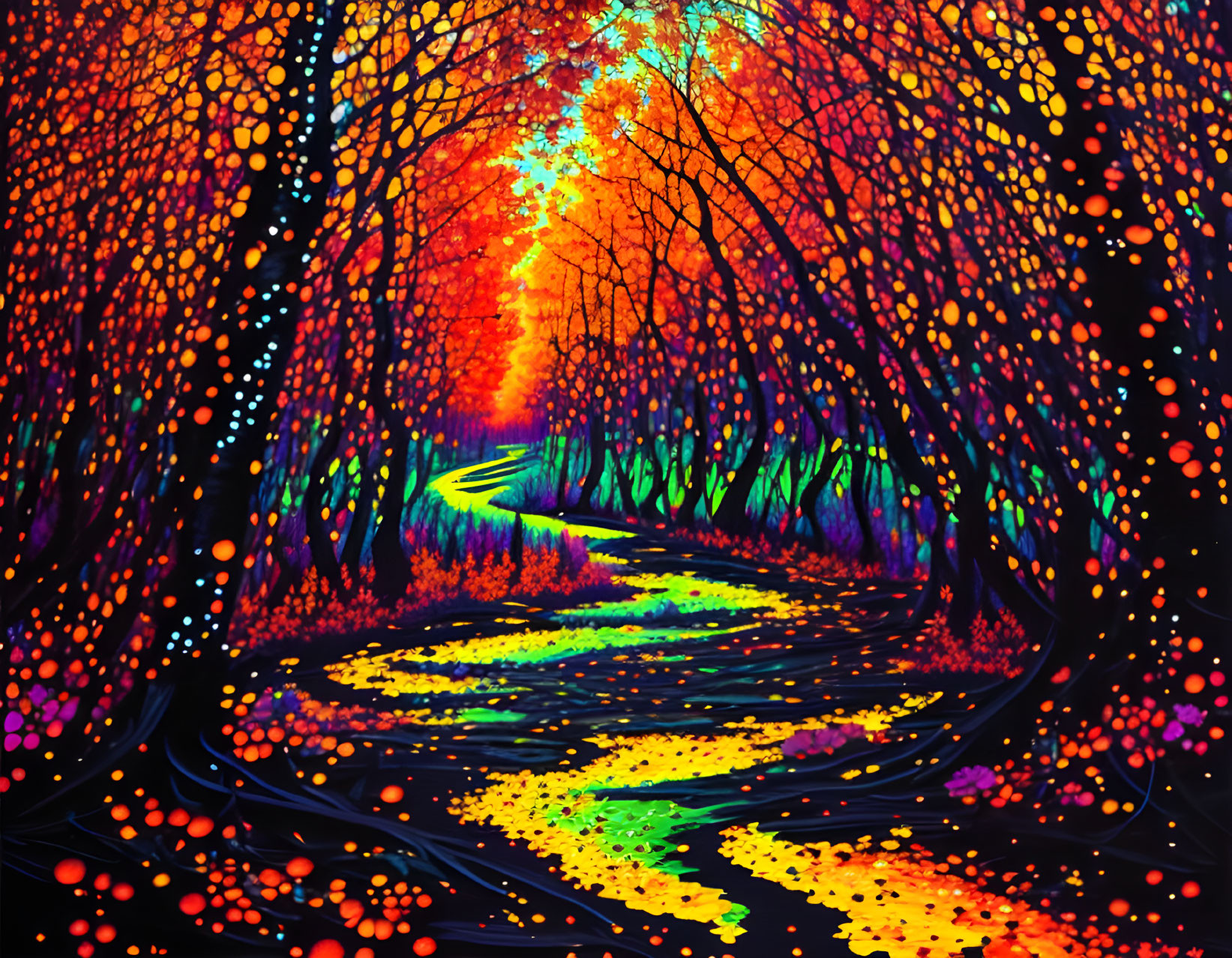 Colorful Neon Forest Path Painting with Surreal Atmosphere