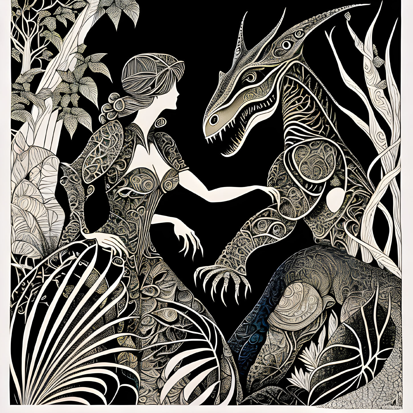 Detailed black and white illustration of woman and dragon with intricate patterns in foliage.