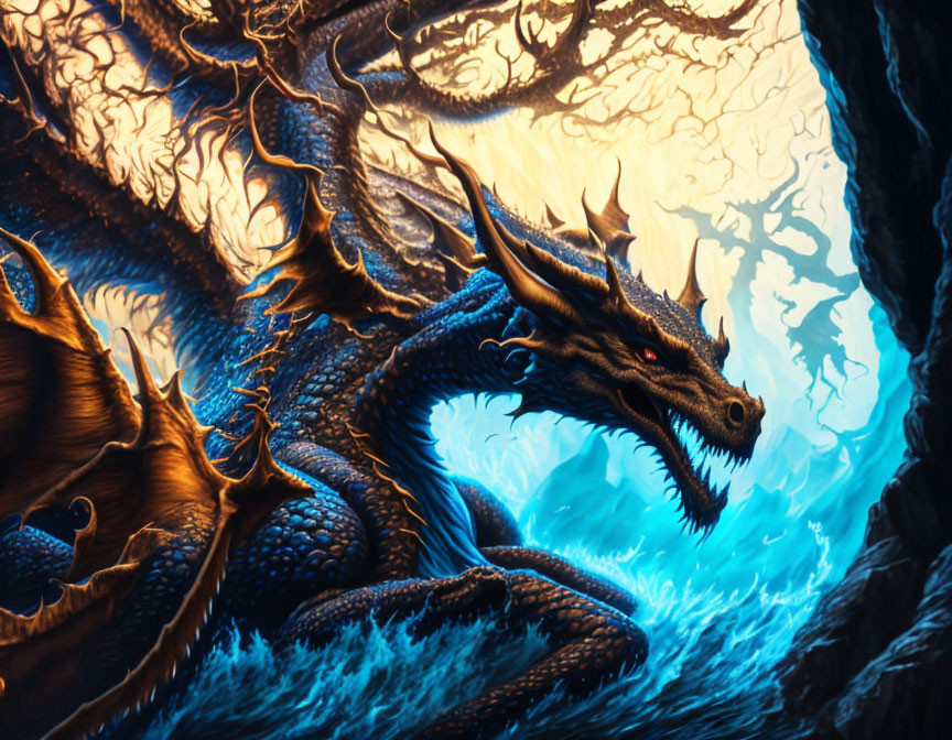 Blue Dragon with Intricate Horns and Scales in Mystical Forest Setting