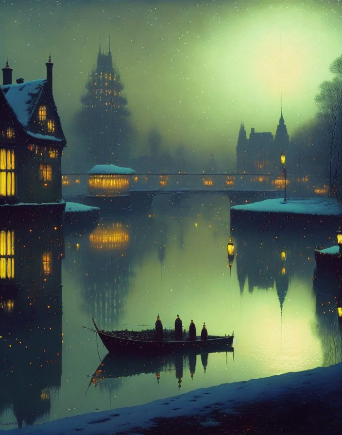 Tranquil nightscape with silhouetted figures on boat, illuminated traditional buildings, bridge reflections