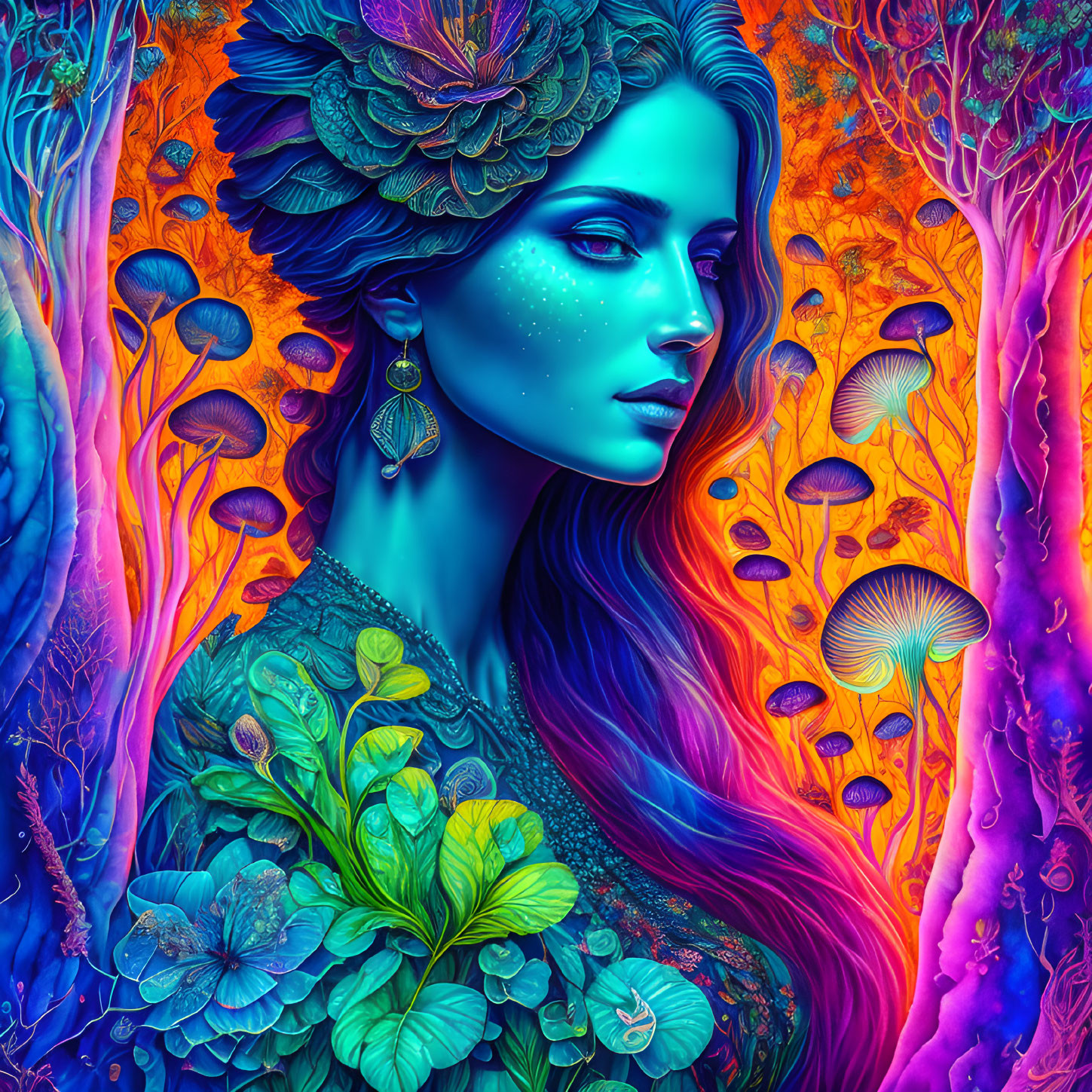 Digital artwork: Woman with blue skin and leafy adornments in a fantastical forest