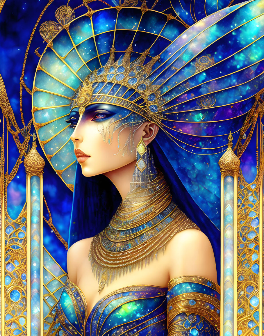 Illustrated woman with golden headdress and starry blue backdrop