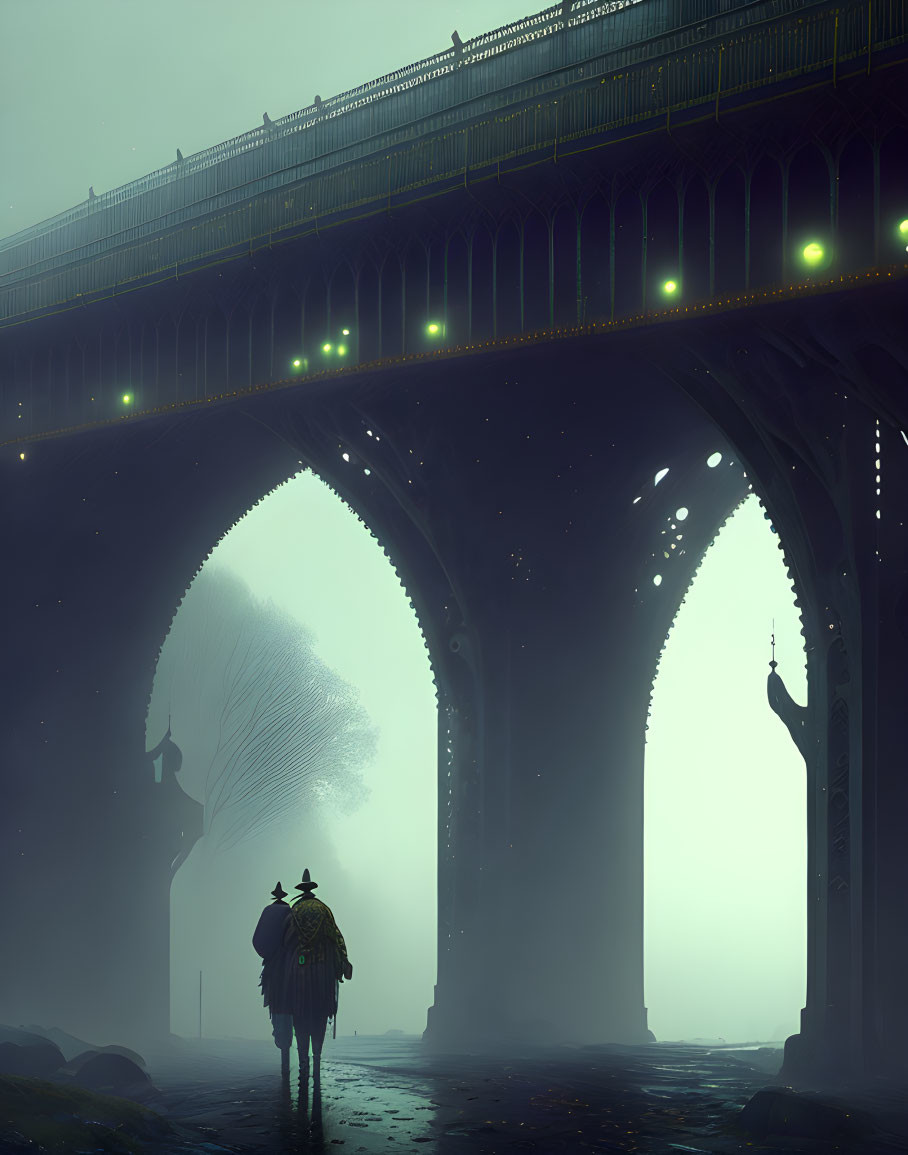 Ethereal scene: lone rider on horse beneath towering, ornate bridge in misty ambiance