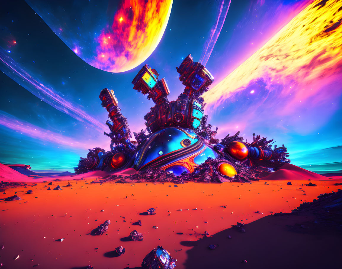 Crashed Spaceship in Alien Planet with Meteor and Celestial Bodies