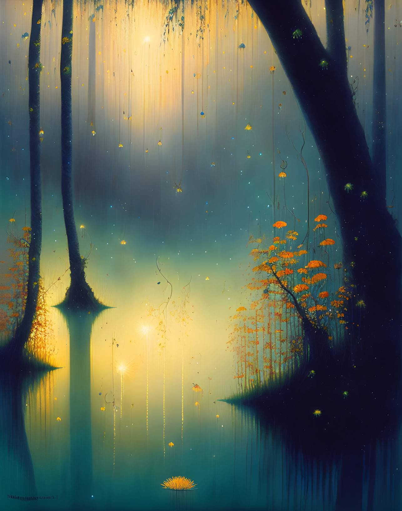 Ethereal forest scene with glowing lights, mist, orange flowers, tall slender trees, serene water