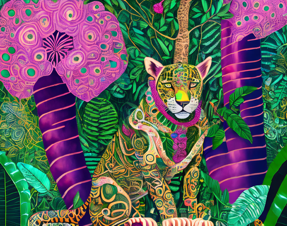 Colorful Stylized Jungle Scene with Patterned Jaguar