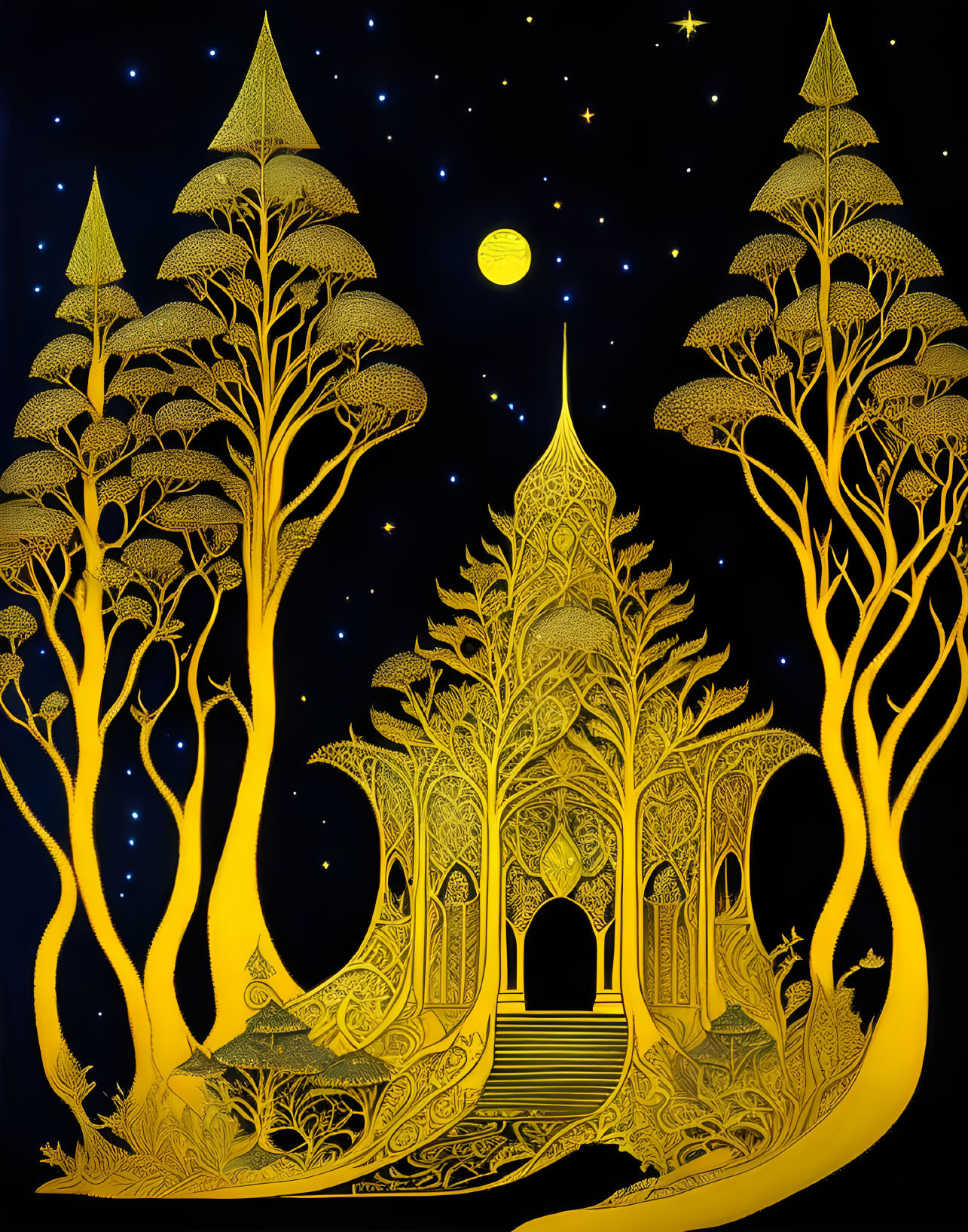 Golden illustration of mystical forest with temple under starry sky