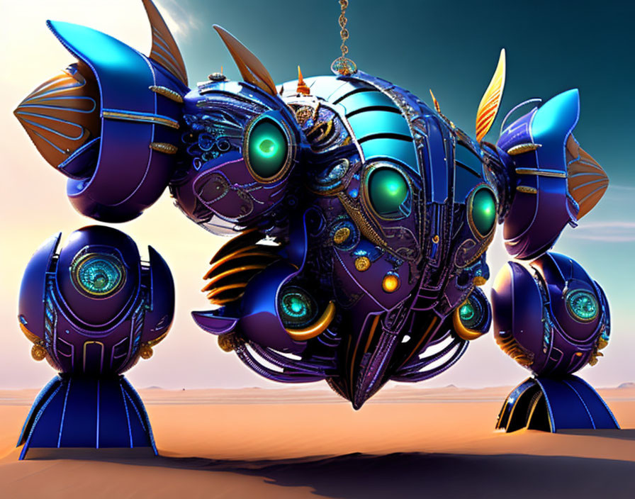 Vibrant 3D Artwork: Mechanized fish-like airship above desert with ornate