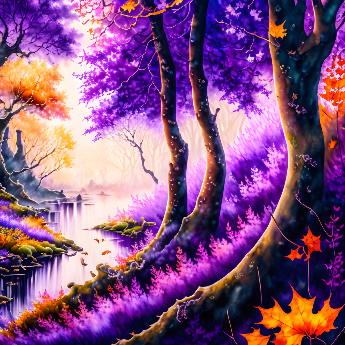 Colorful fantasy forest scene with purple foliage and misty river