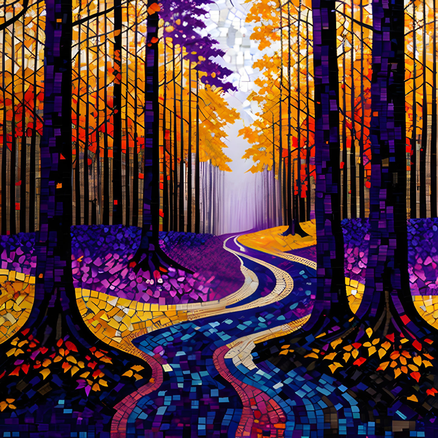 Colorful Autumnal Forest Mosaic with Winding Path