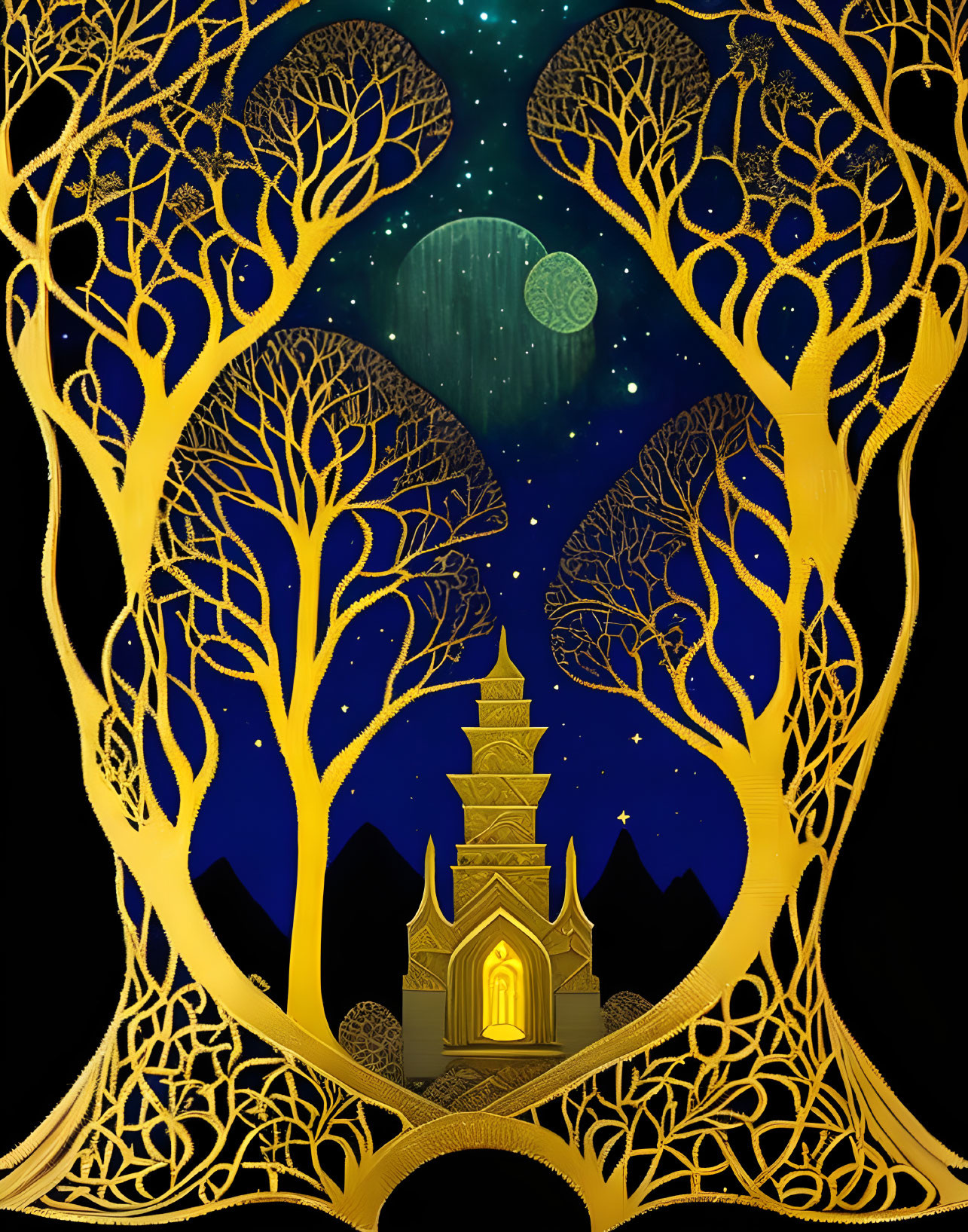 Golden forest and temple silhouette under crescent moon in starry night.