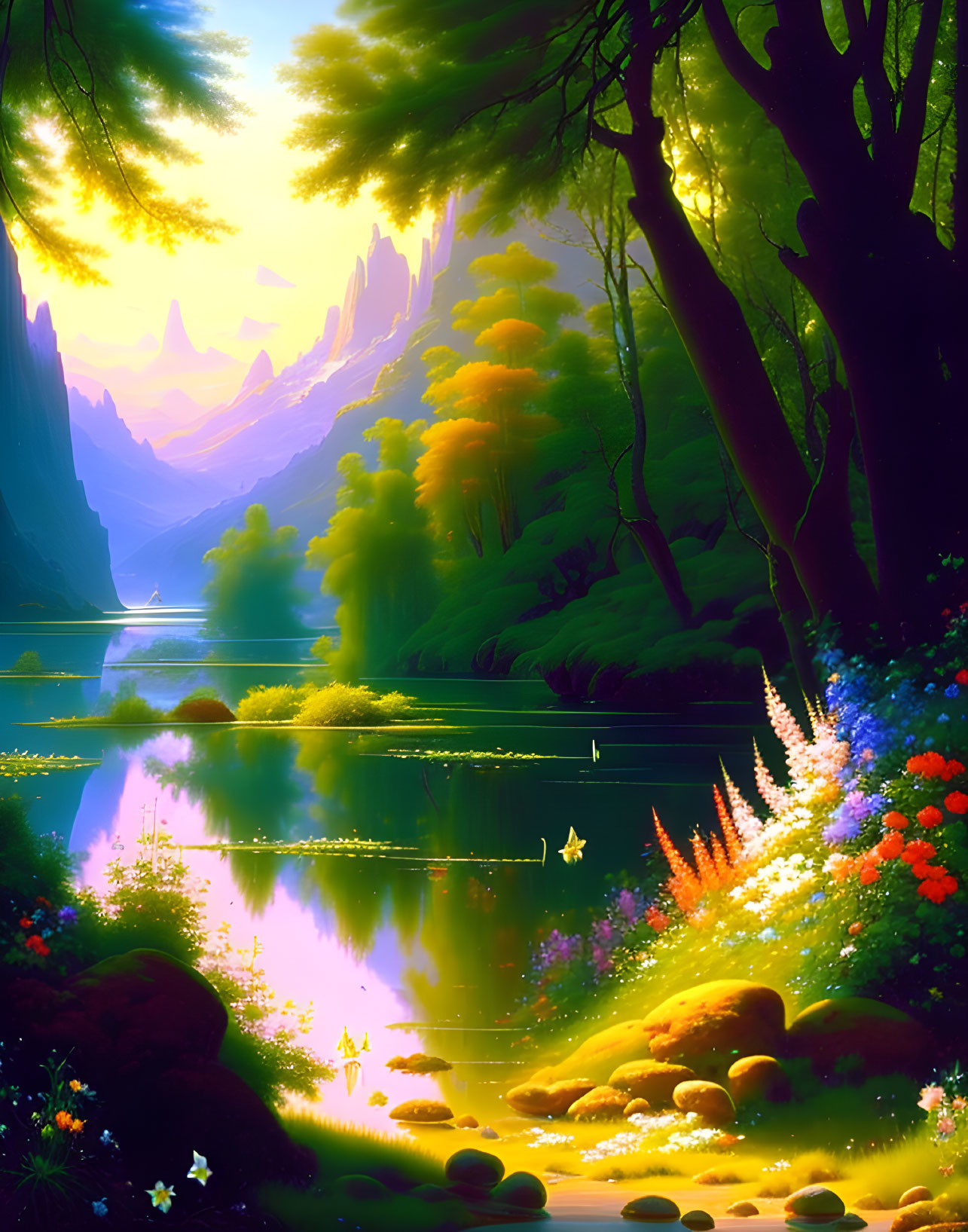 Fantastical landscape with luminescent flora, serene lake, towering mountains