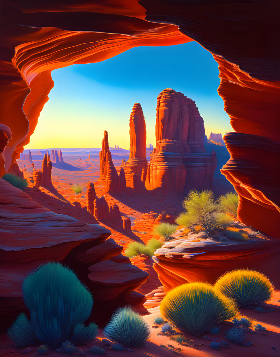 Rock arch frames vibrant desert landscape with red rock formations.