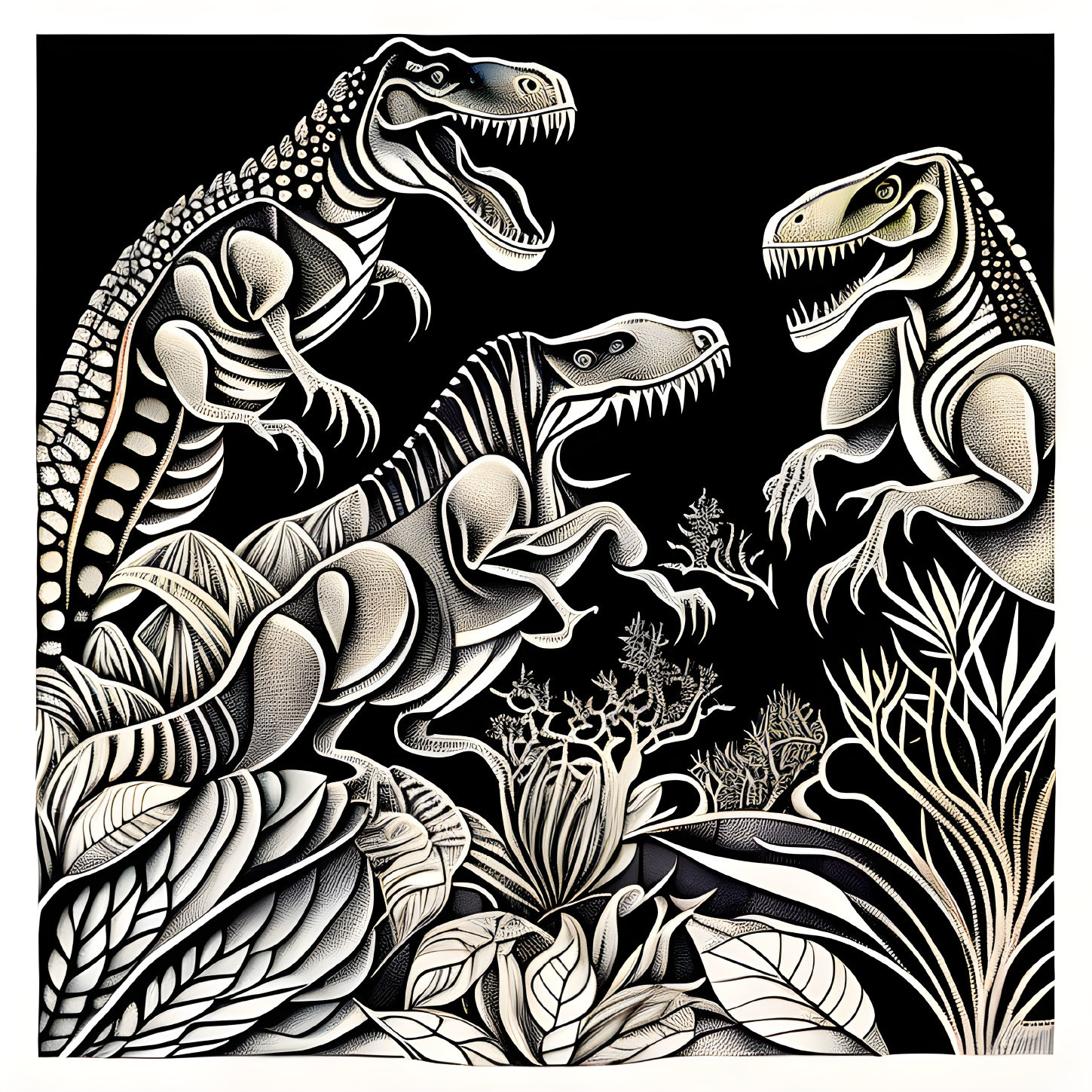 Monochromatic dotwork art: Three stylized dinosaurs in foliage