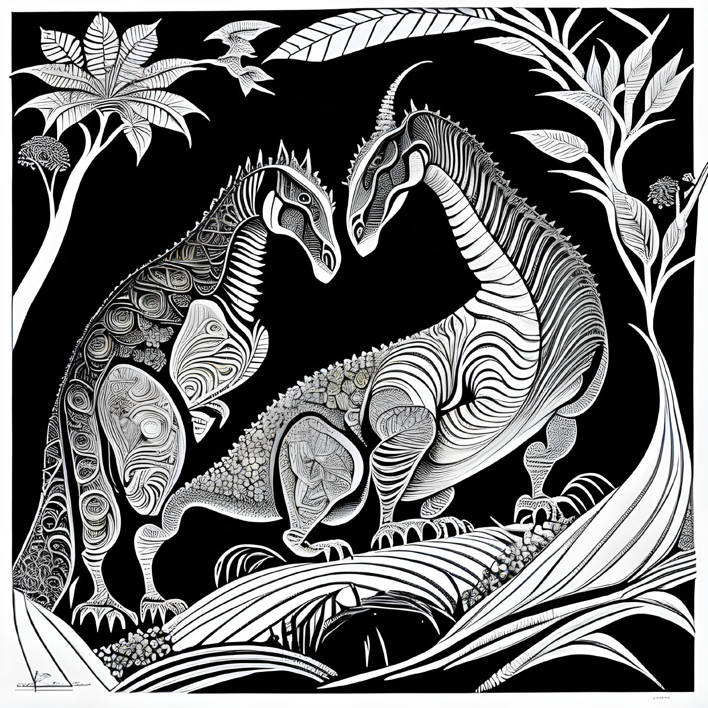 Detailed black and white illustration of ornate dinosaurs in lush foliage